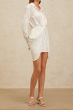 Flowering Girl Women Collared Long Sleeve Waist Twist Wrap Shirt Mini Dress