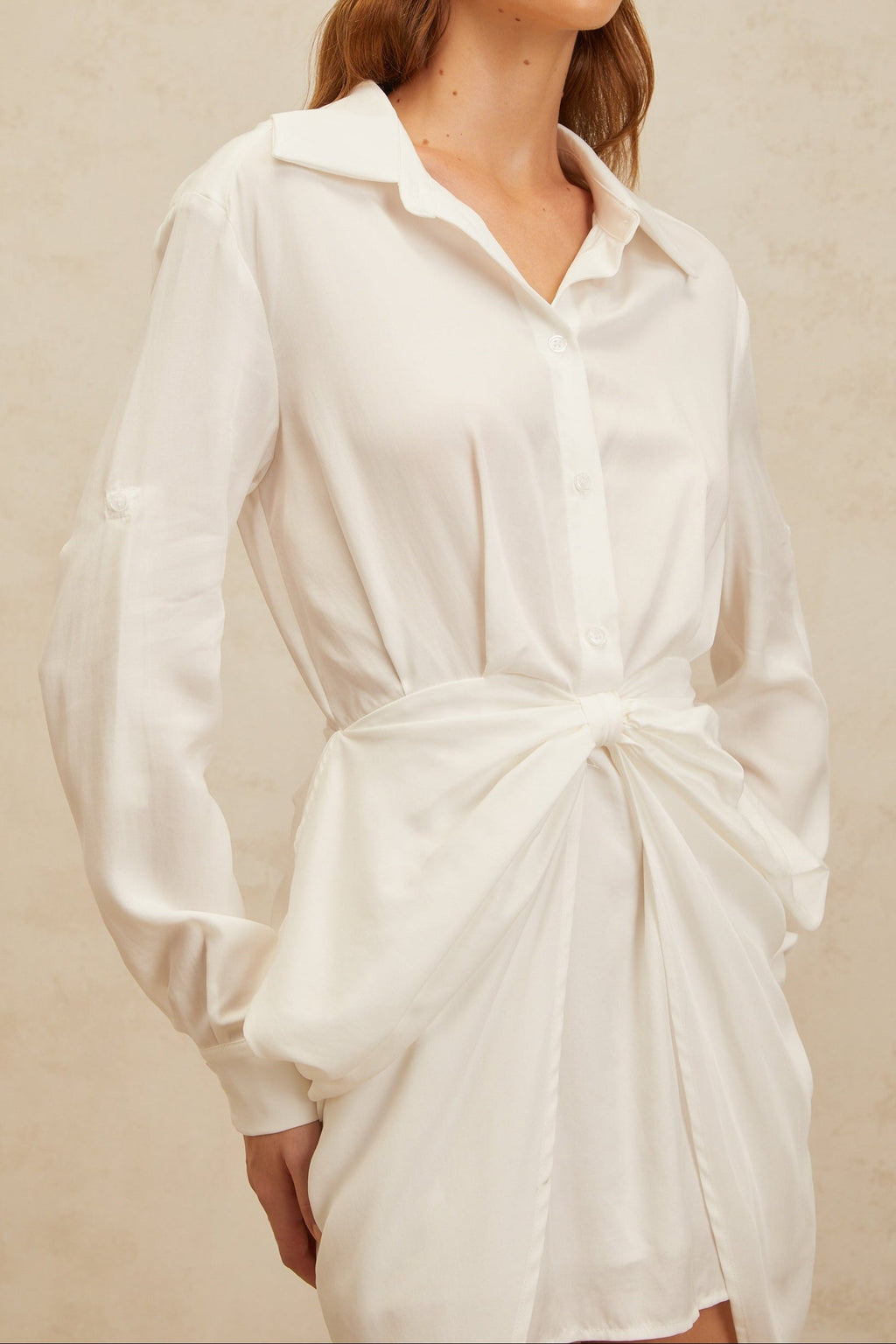Flowering Girl Women Collared Long Sleeve Waist Twist Wrap Shirt Mini Dress