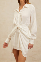 Flowering Girl Women Collared Long Sleeve Waist Twist Wrap Shirt Mini Dress
