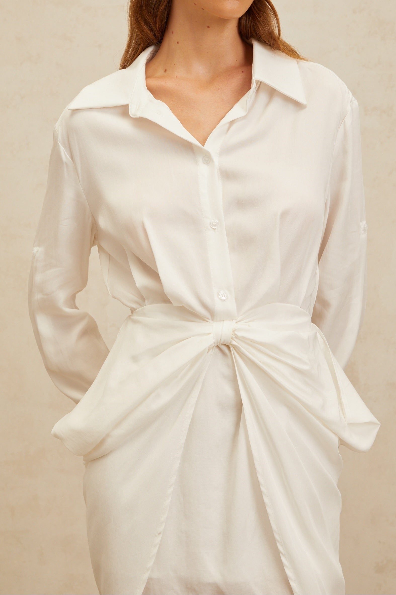 Flowering Girl Women Collared Long Sleeve Waist Twist Wrap Shirt Mini Dress