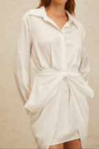 Flowering Girl Women Collared Long Sleeve Waist Twist Wrap Shirt Mini Dress