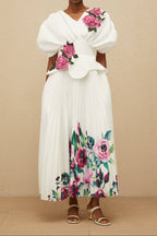 Flowering Girl Women 3D Rose Applique Puff Sleeve Floral Print Pleated Midi Dress