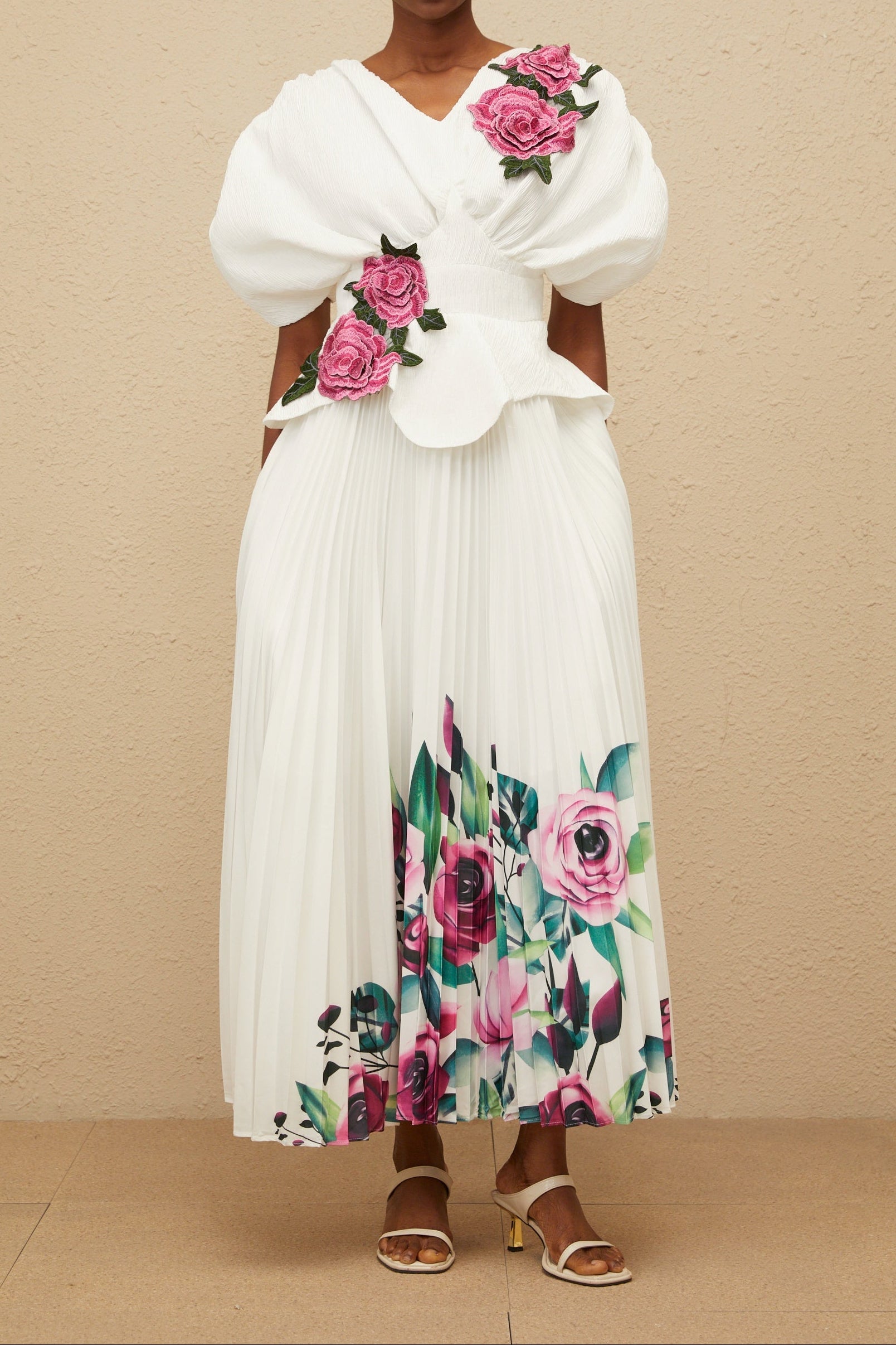 Flowering Girl Women 3D Rose Applique Puff Sleeve Floral Print Pleated Midi Dress