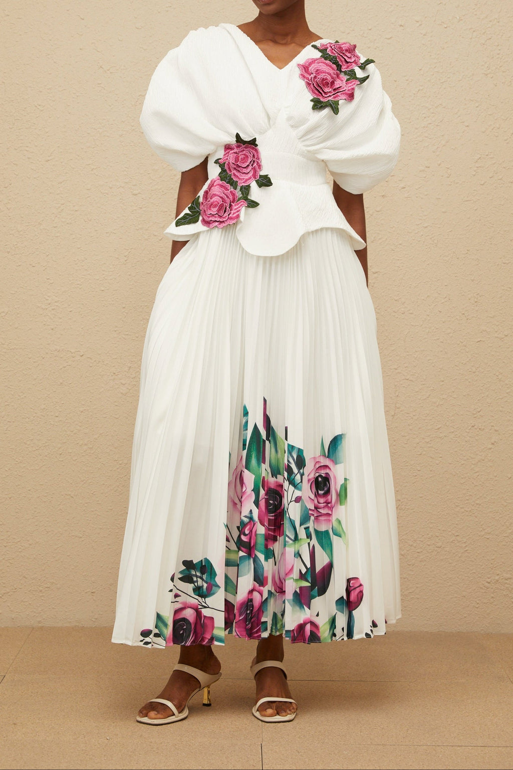 Flowering Girl Women 3D Rose Applique Puff Sleeve Floral Print Pleated Midi Dress