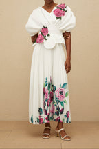 Flowering Girl Women 3D Rose Applique Puff Sleeve Floral Print Pleated Midi Dress