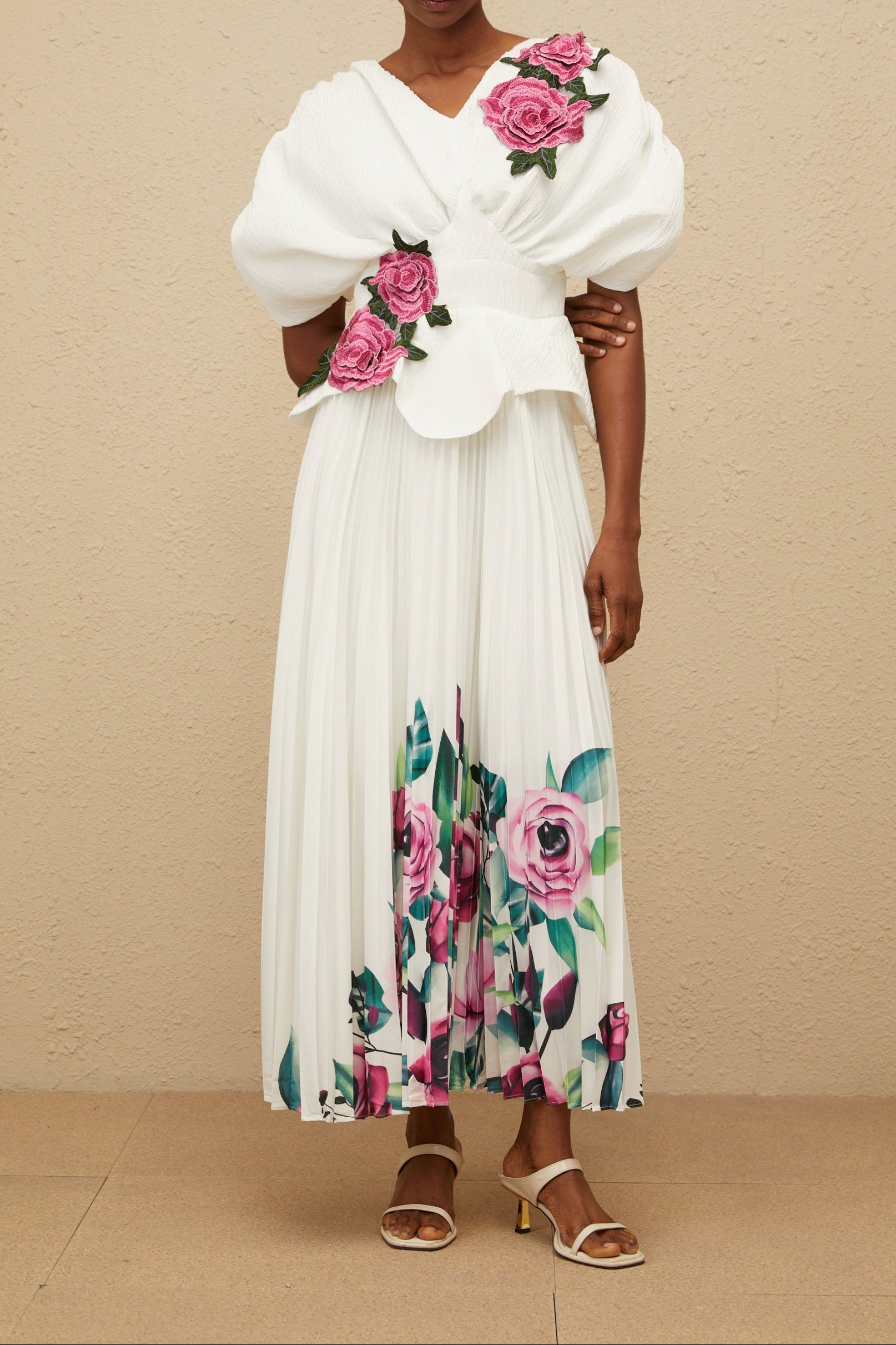 Flowering Girl Women 3D Rose Applique Puff Sleeve Floral Print Pleated Midi Dress