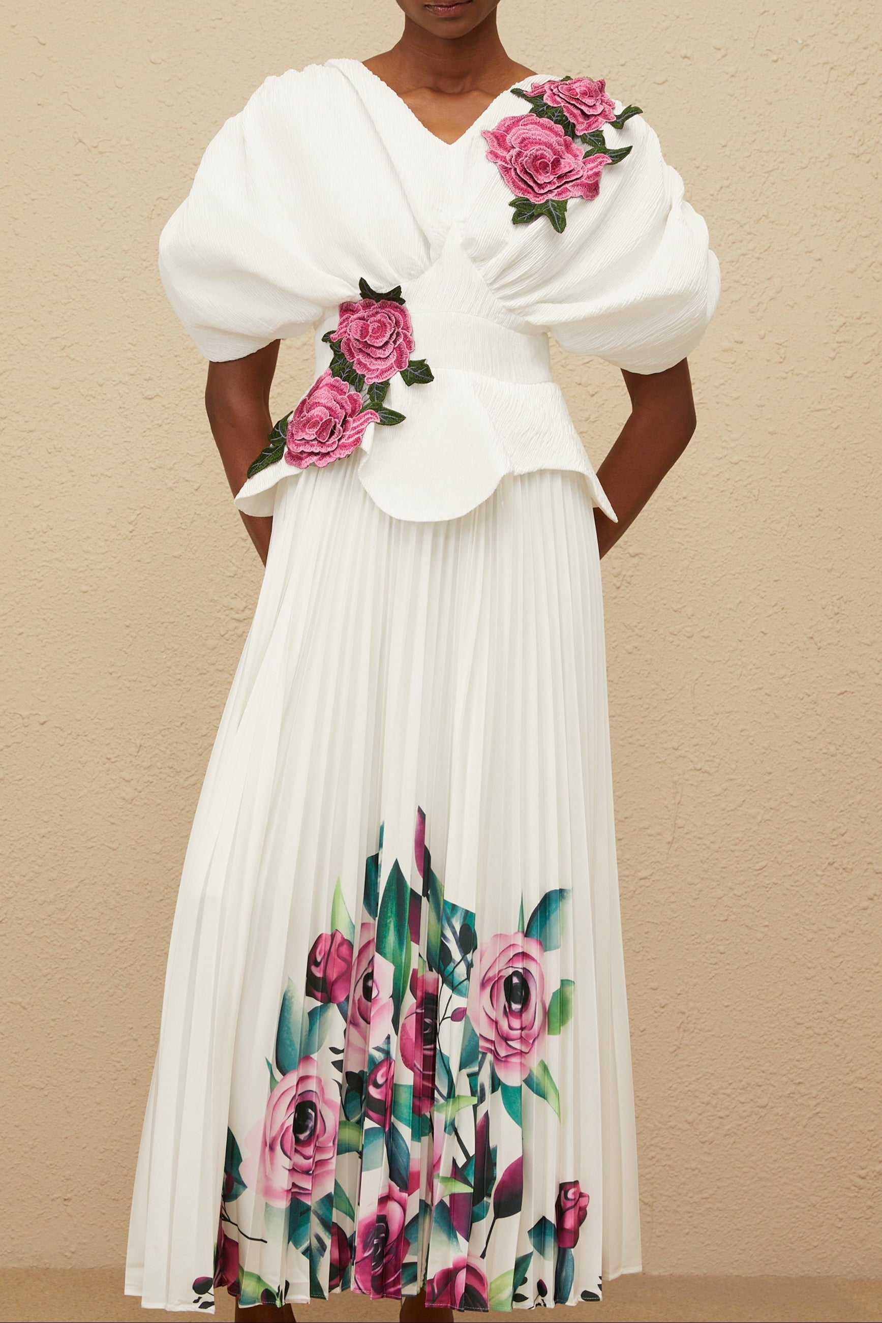 Flowering Girl Women 3D Rose Applique Puff Sleeve Floral Print Pleated Midi Dress