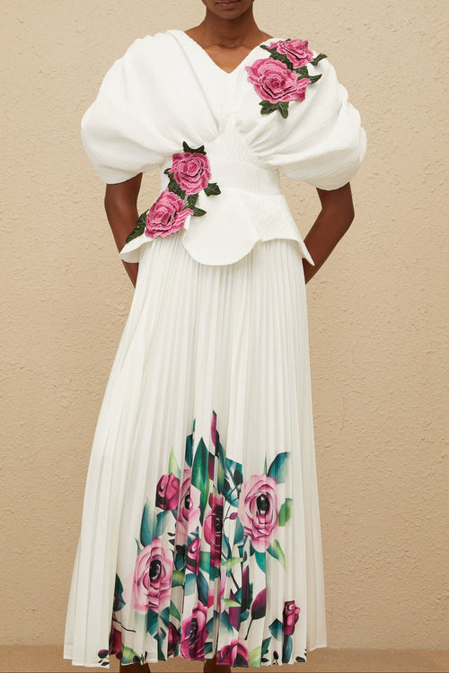 Flowering Girl Women 3D Rose Applique Puff Sleeve Floral Print Pleated Midi Dress