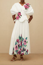 Flowering Girl Women 3D Rose Applique Puff Sleeve Floral Print Pleated Midi Dress