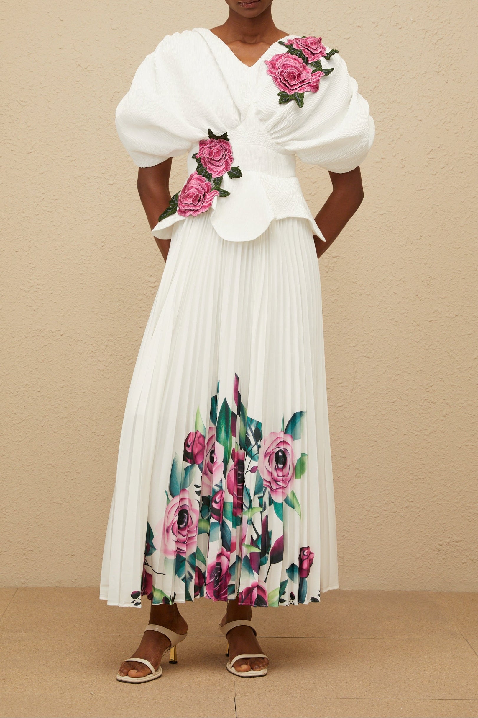 Flowering Girl Women 3D Rose Applique Puff Sleeve Floral Print Pleated Midi Dress