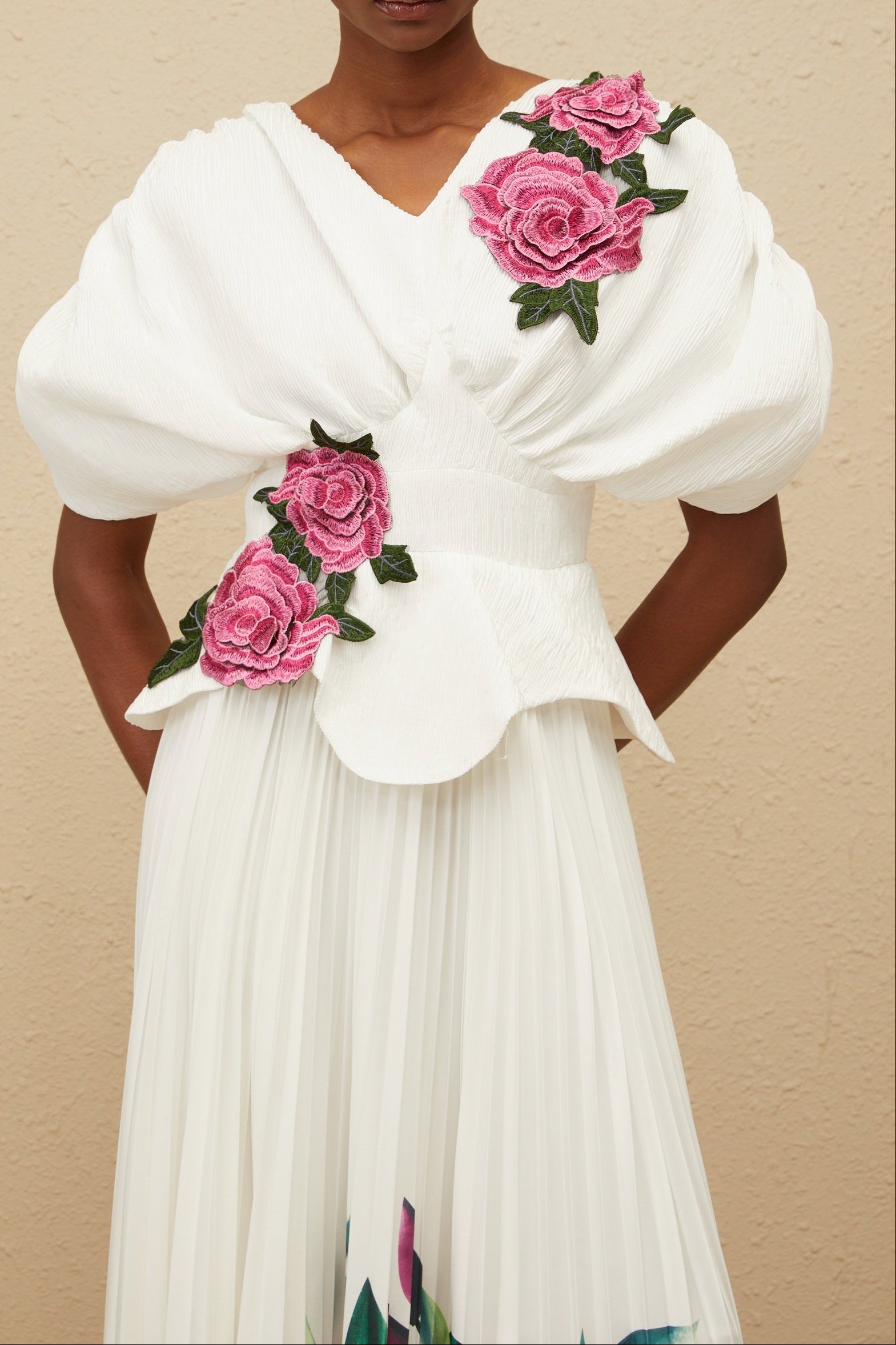 Flowering Girl Women 3D Rose Applique Puff Sleeve Floral Print Pleated Midi Dress