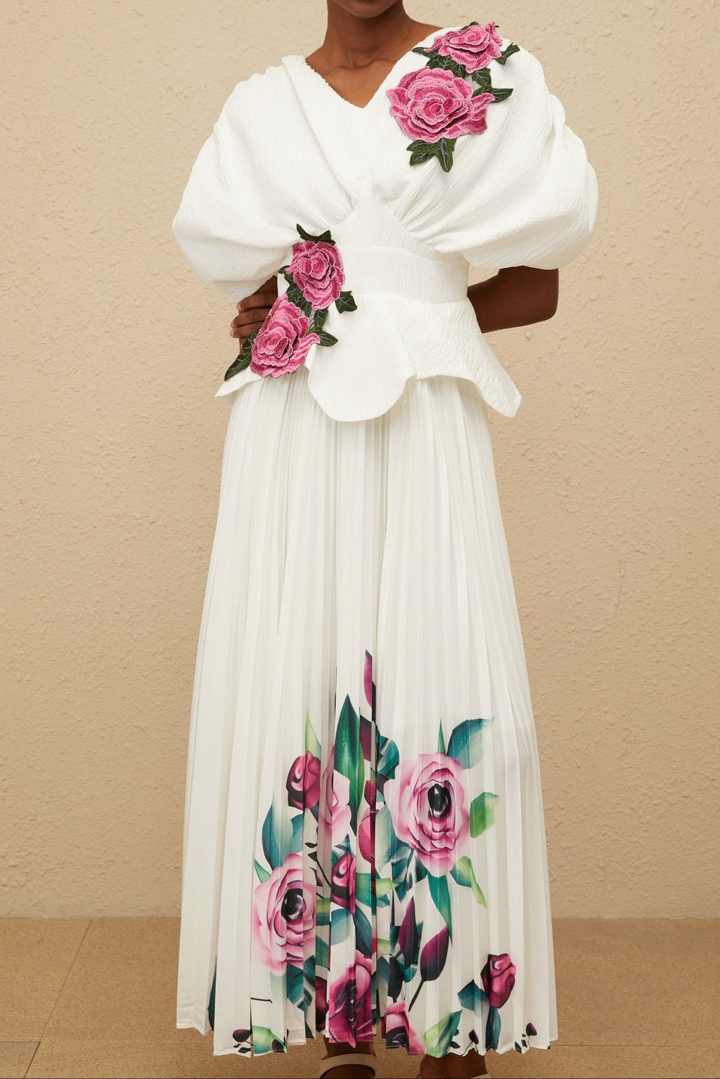 Flowering Girl Women 3D Rose Applique Puff Sleeve Floral Print Pleated Midi Dress