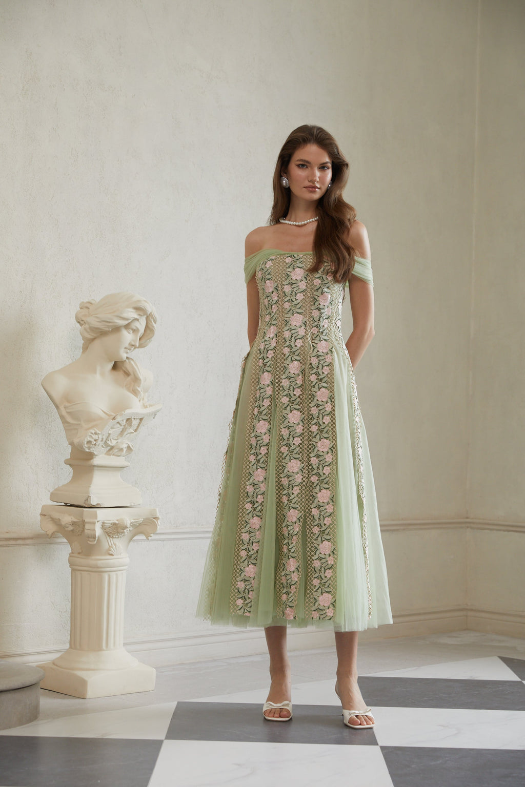 octavia Tulle Panel Floral Midi Dress in green