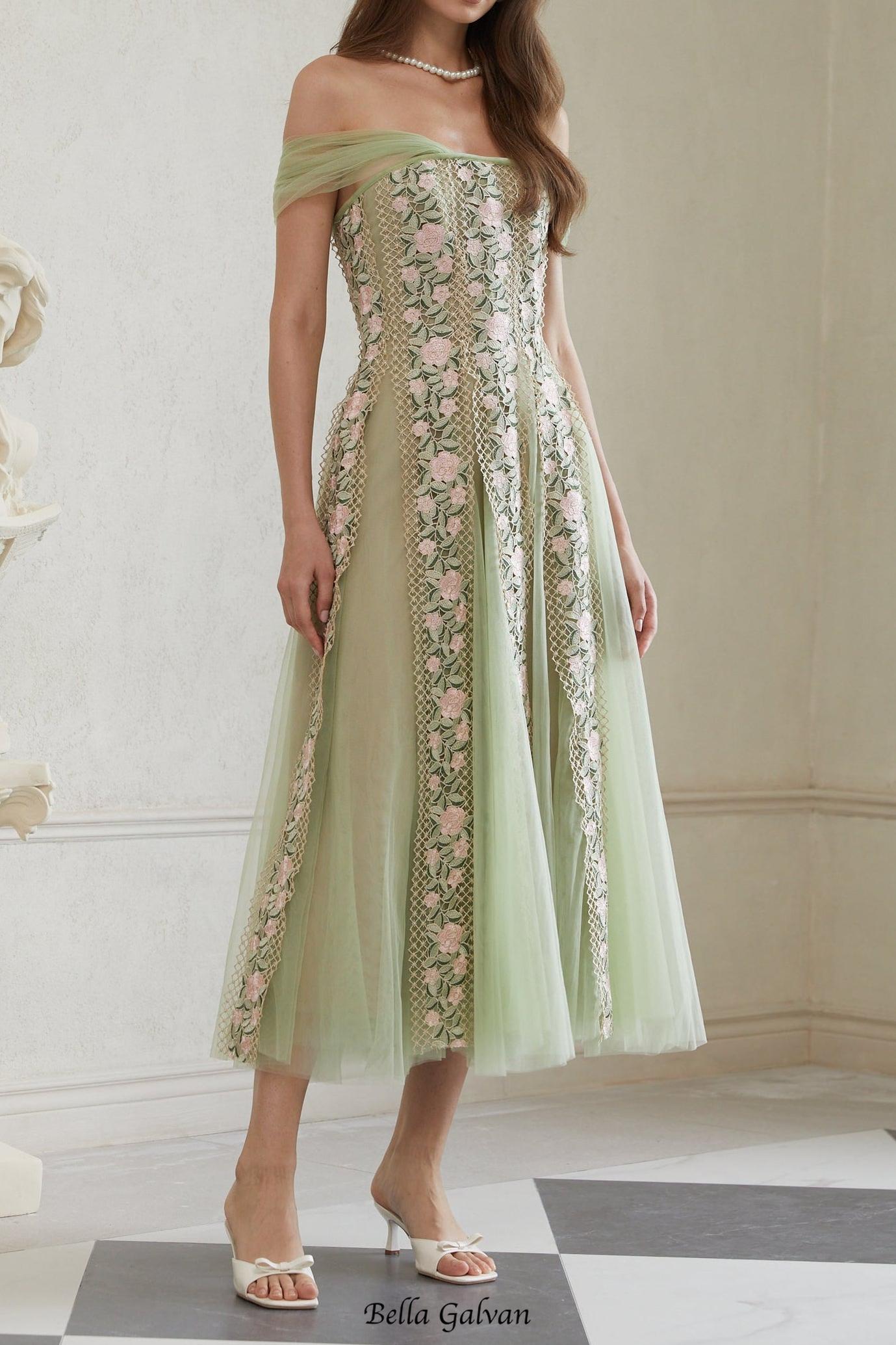 octavia Tulle Panel Floral Midi Dress in green
