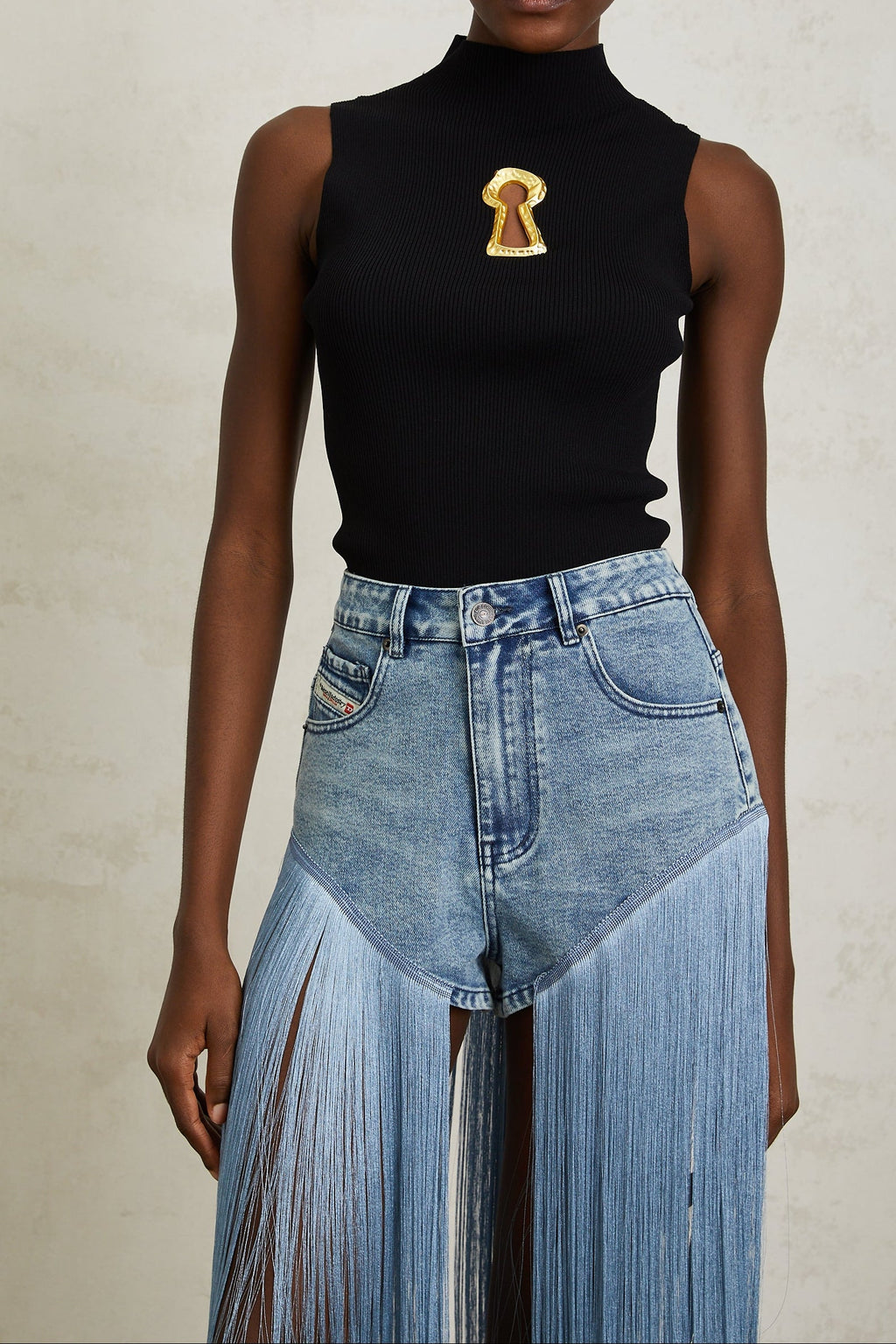 Flowering Girl Women Mock Neck Sleeveless Rib Knit Keyhole Cutout Top