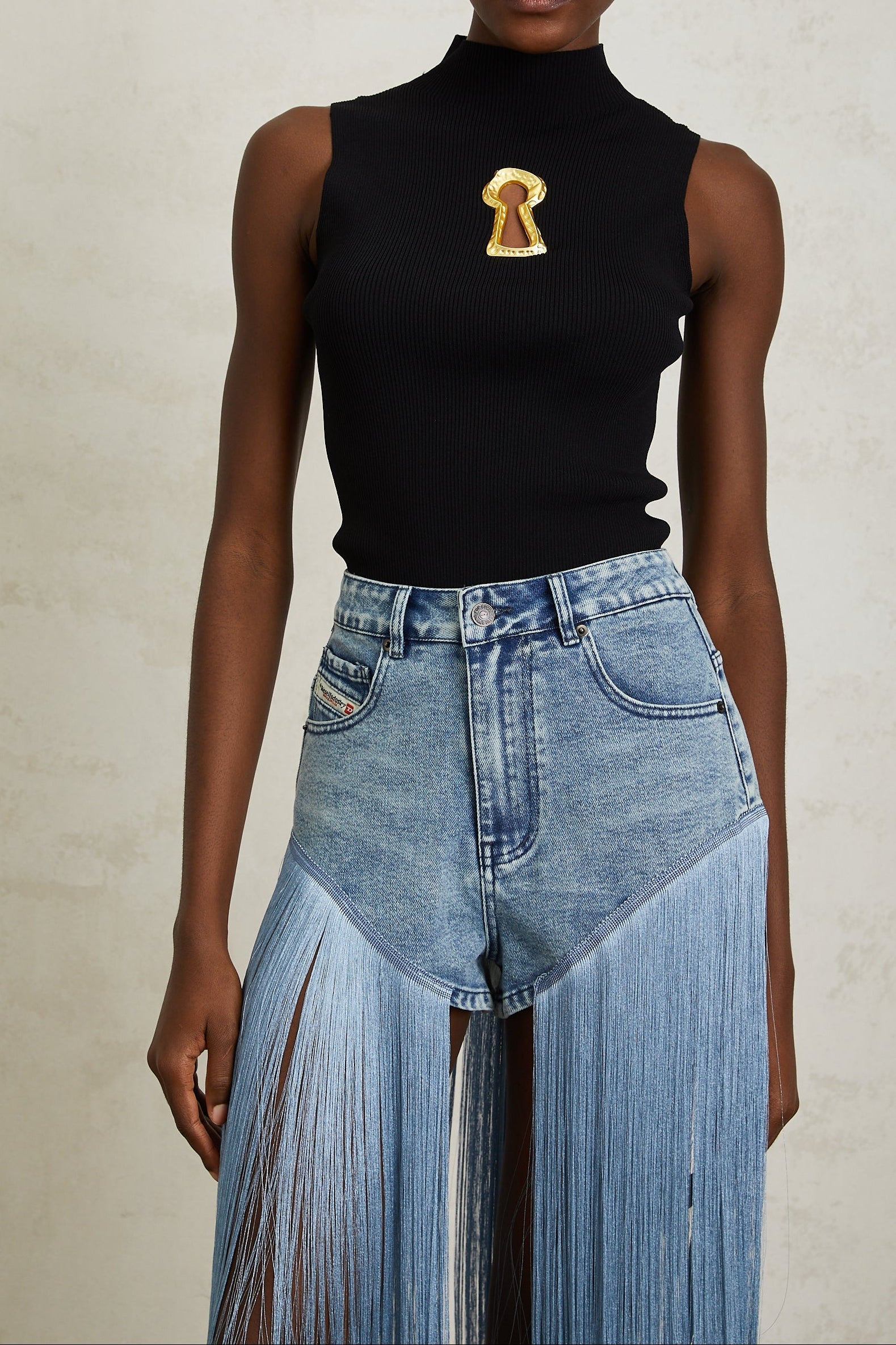 Flowering Girl Women Mock Neck Sleeveless Rib Knit Keyhole Cutout Top