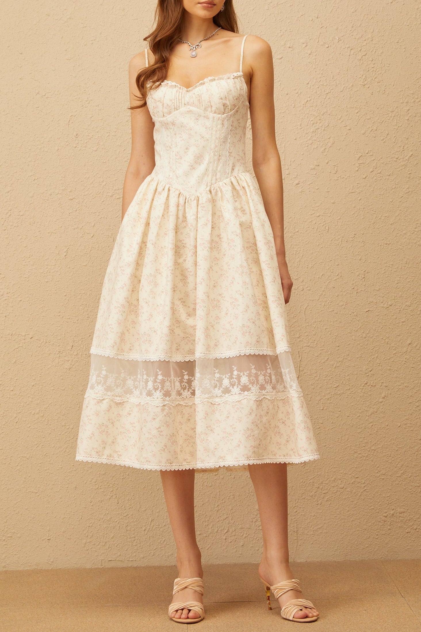 Kimberley Neutral Lace Trim Floral Midi Dress In White