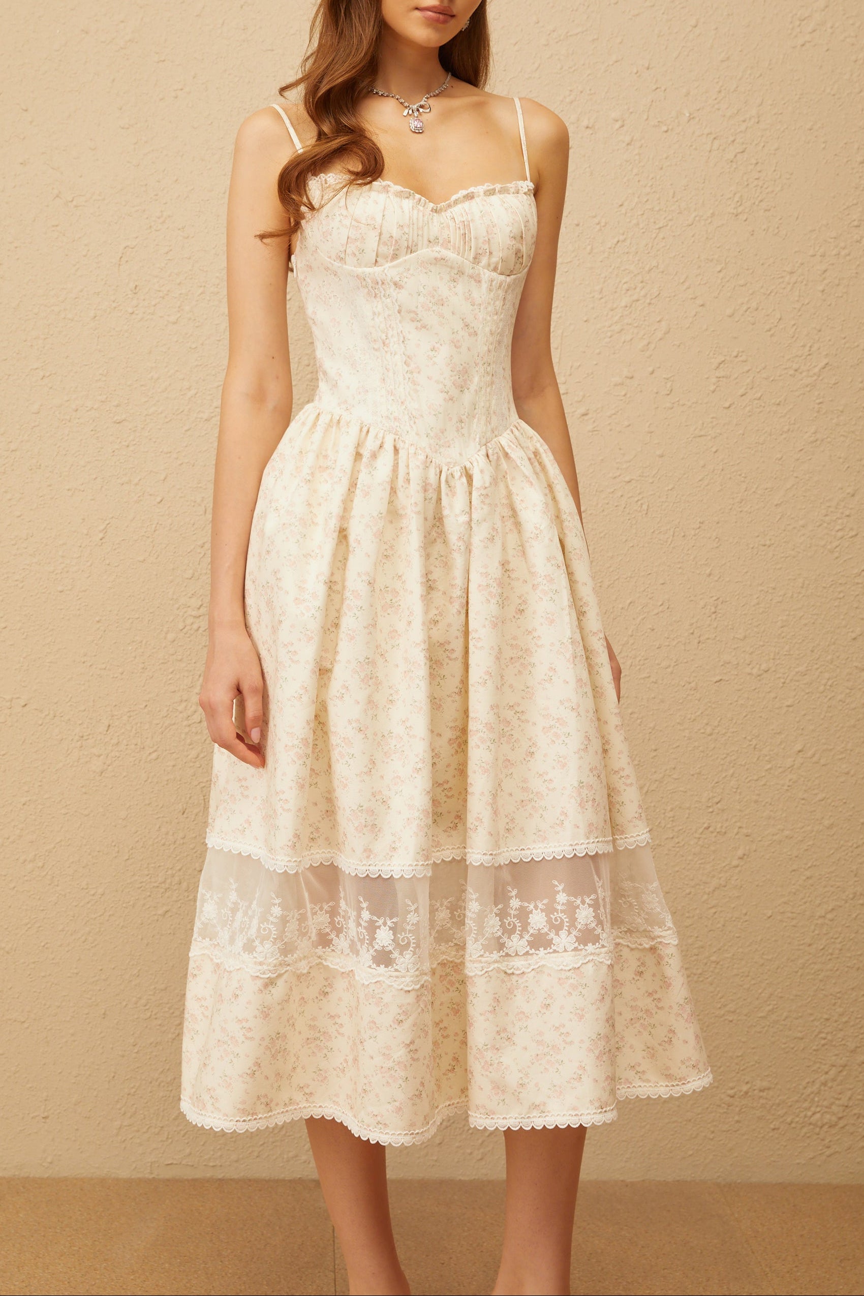 Kimberley Neutral Lace Trim Floral Midi Dress In White