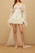 Flowering Girl Women Off Shoulder Sheer Sleeve Corset Ruffle High Low Mini Dress