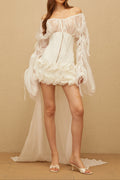 Flowering Girl Women Off Shoulder Sheer Sleeve Corset Ruffle High Low Mini Dress