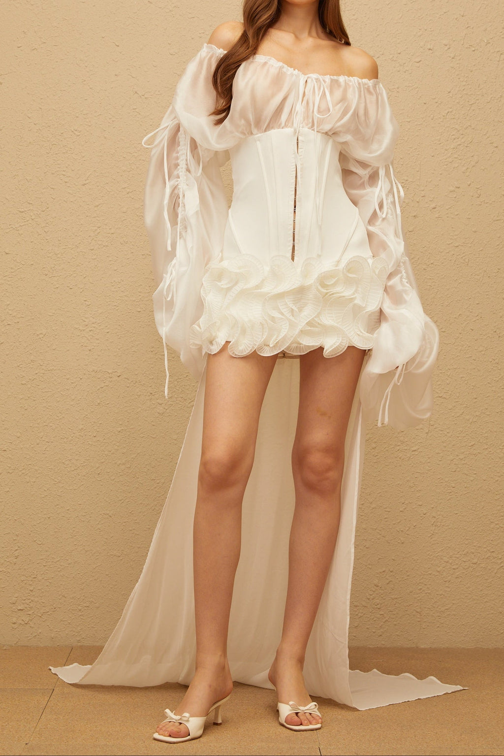 Flowering Girl Women Off Shoulder Sheer Sleeve Corset Ruffle High Low Mini Dress