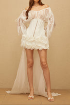 Flowering Girl Women Off Shoulder Sheer Sleeve Corset Ruffle High Low Mini Dress