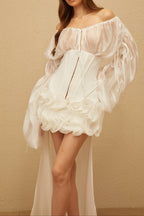Flowering Girl Women Off Shoulder Sheer Sleeve Corset Ruffle High Low Mini Dress