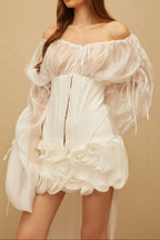 Flowering Girl Women Off Shoulder Sheer Sleeve Corset Ruffle High Low Mini Dress