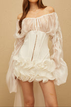 Flowering Girl Women Off Shoulder Sheer Sleeve Corset Ruffle High Low Mini Dress