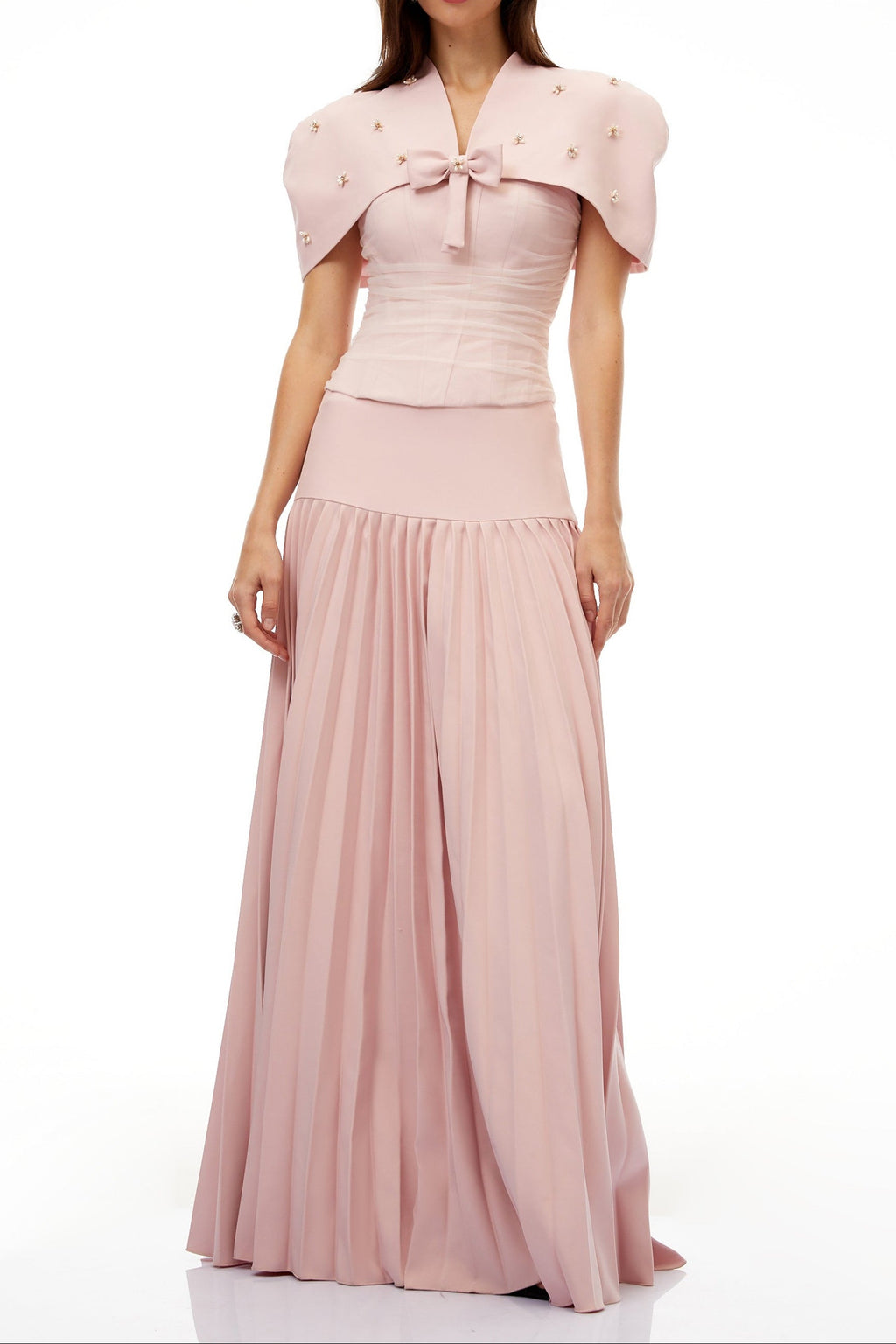 Flowering Girl Women Cape Bow Pearl Corset Pleated Maxi Dress