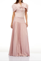 Flowering Girl Women Cape Bow Pearl Corset Pleated Maxi Dress