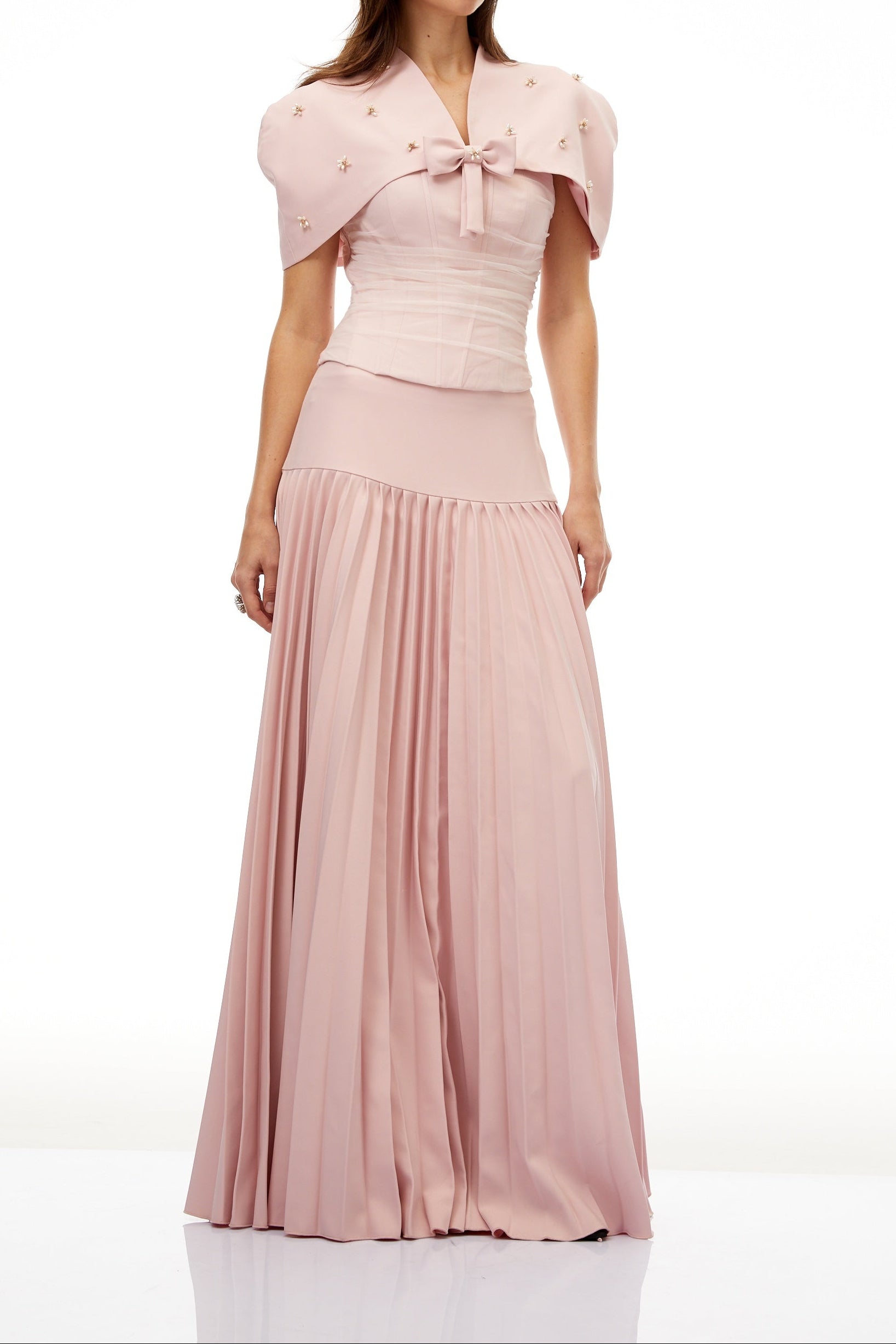 Flowering Girl Women Cape Bow Pearl Corset Pleated Maxi Dress