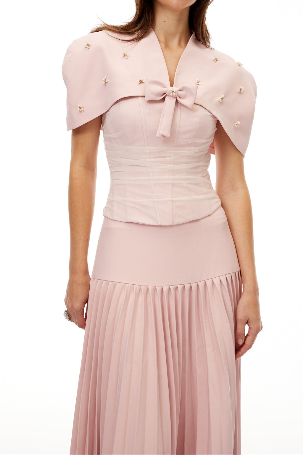 Flowering Girl Women Cape Bow Pearl Corset Pleated Maxi Dress