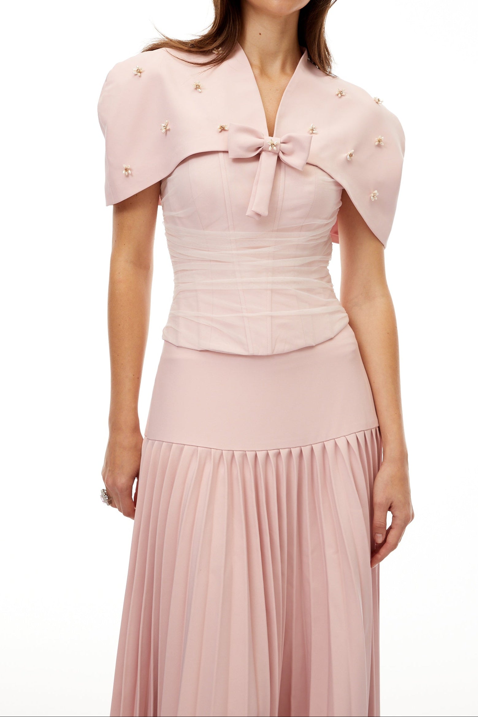 Flowering Girl Women Cape Bow Pearl Corset Pleated Maxi Dress