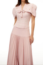 Flowering Girl Women Cape Bow Pearl Corset Pleated Maxi Dress