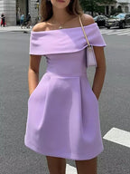 Flowering Girl Women belted off-shoulder a-line mini dress in purple