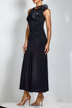 nicola Flower bow pleated bodycon maxi dress in black