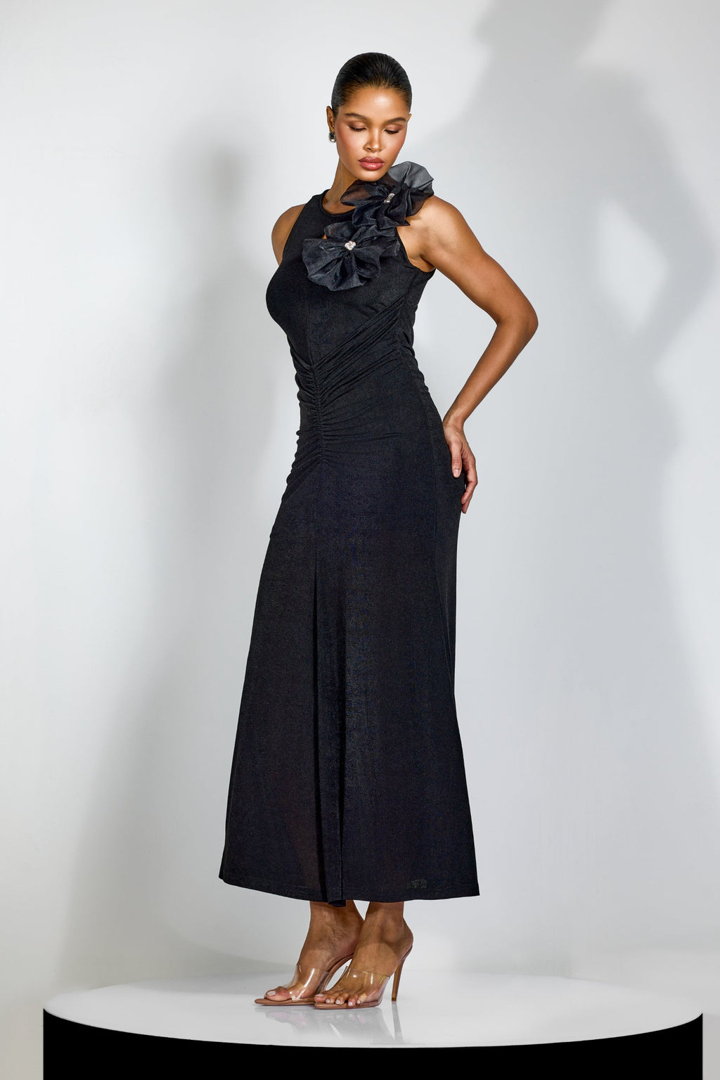 nicola Flower bow pleated bodycon maxi dress in black