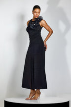 nicola Flower bow pleated bodycon maxi dress in black
