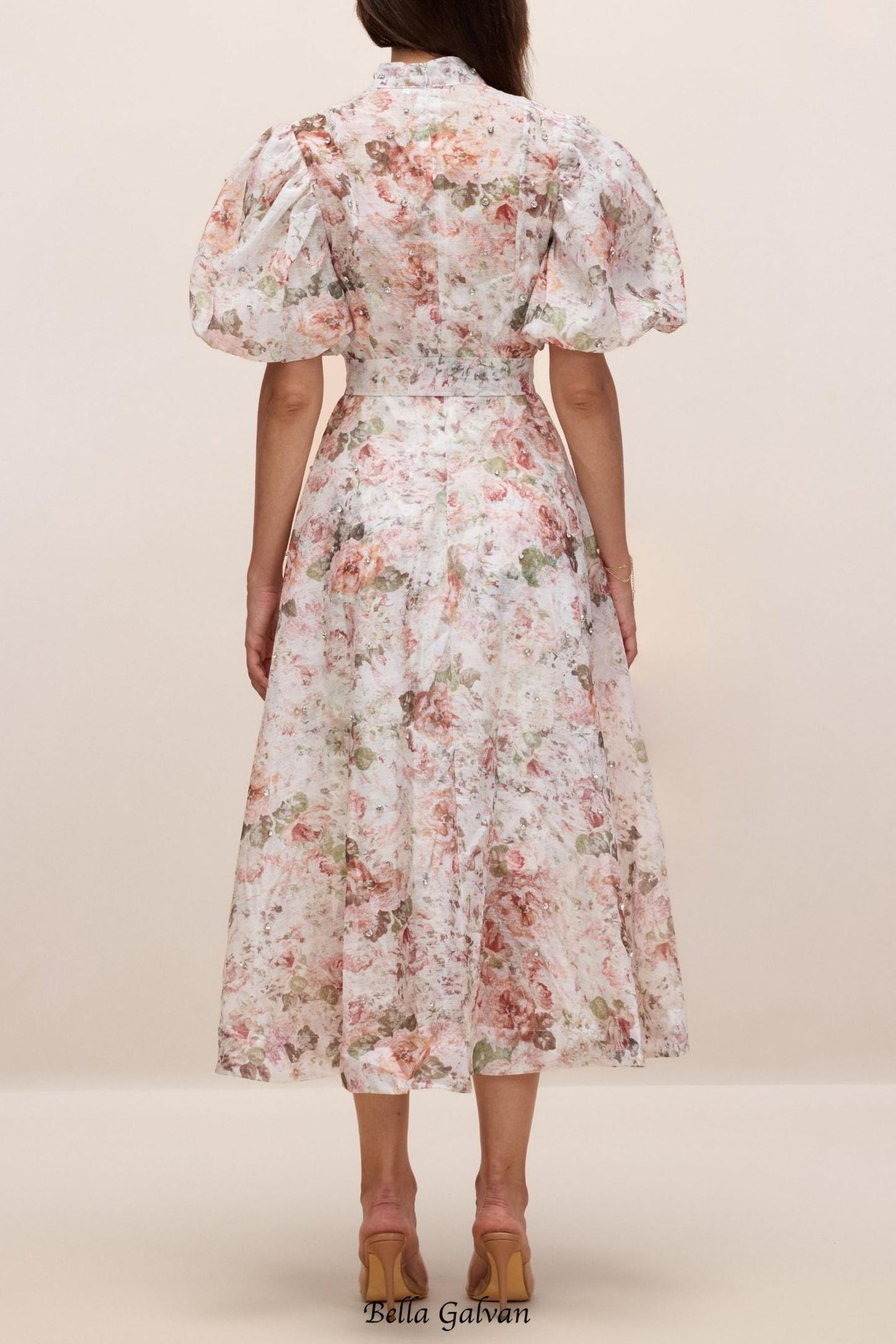 philipppa multicolor Floral Print Puff Sleeve Midi Dress