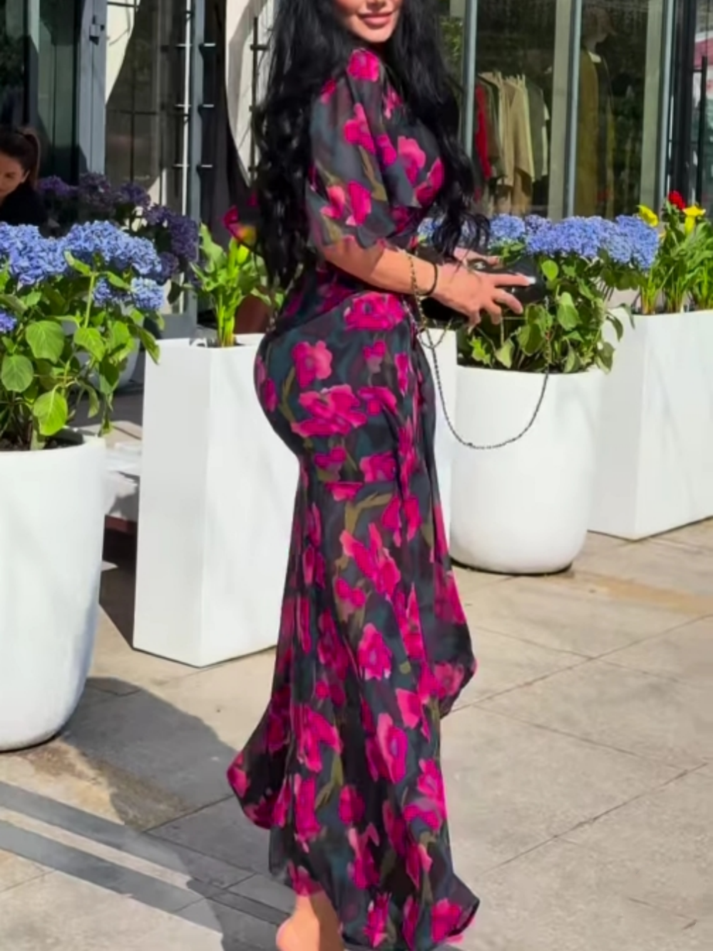 Flowering Girl Women Retro V-neck trumpet sleeve printed dress