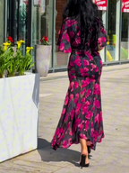 Flowering Girl Women Retro V-neck trumpet sleeve printed dress
