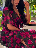 Flowering Girl Women Retro V-neck trumpet sleeve printed dress