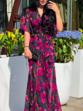 Flowering Girl Women Retro V-neck trumpet sleeve printed dress