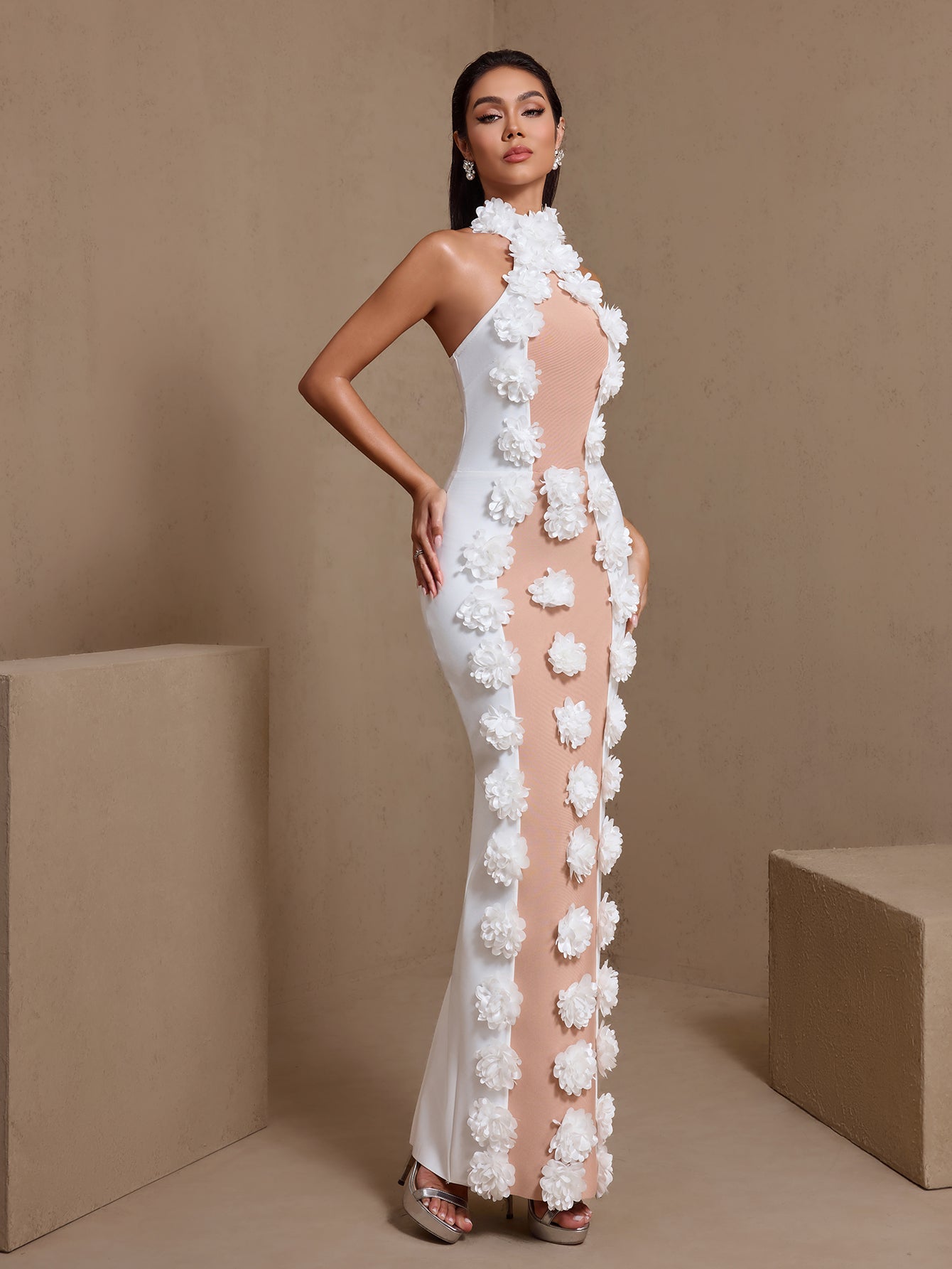 jennifer white Halter Neck 3D Flowers Bandage Maxi Dress
