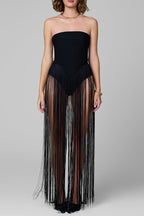 Flowering Girl Women helen Bodysuit Fringe Strapless mini Dress in Black