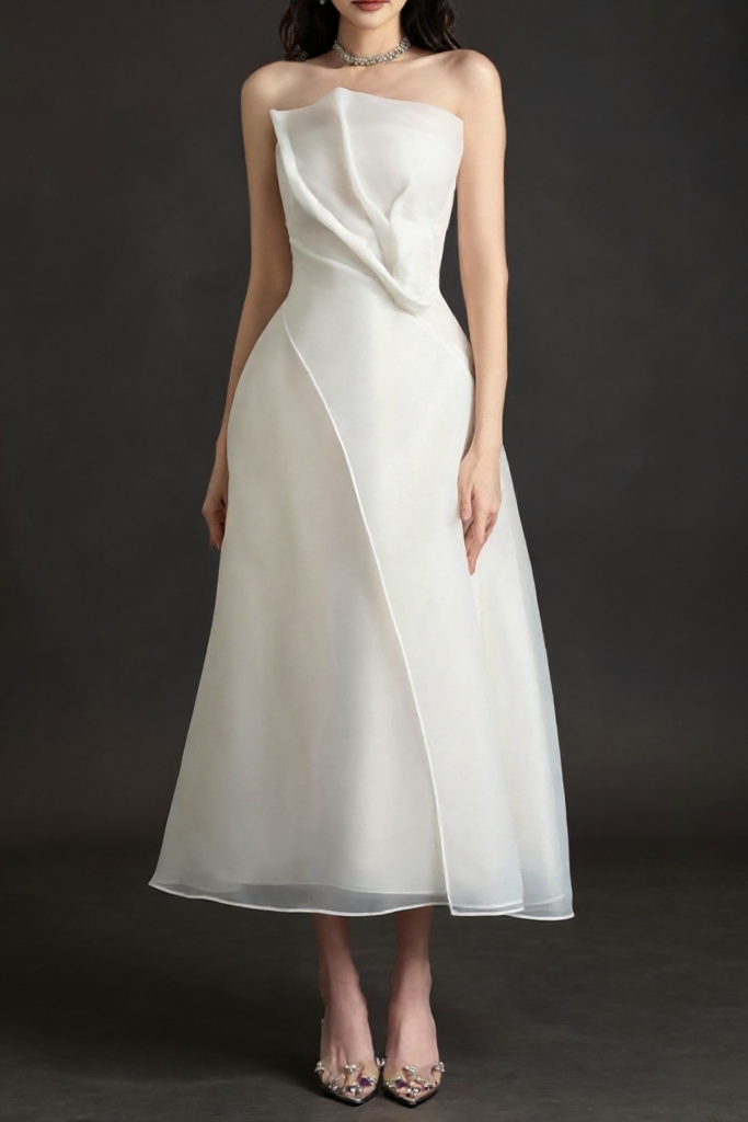 Strapless Layered Organza Midi Dress In White