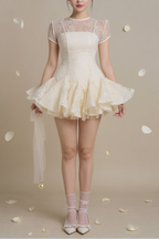 Flowering Girl Women Kelly Sequin Lace Puffy Mini Dress In White