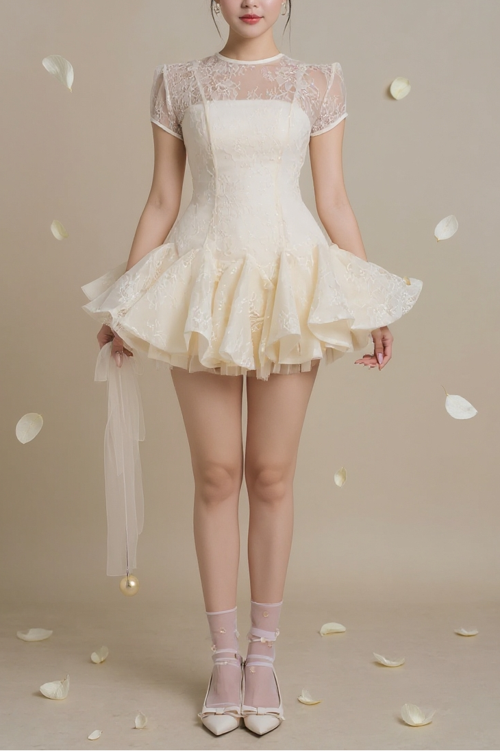 Flowering Girl Women Kelly Sequin Lace Puffy Mini Dress In White