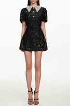 Flowering Girl Women dora Buttoned Contrast Collar Sequin Mini Dress in black